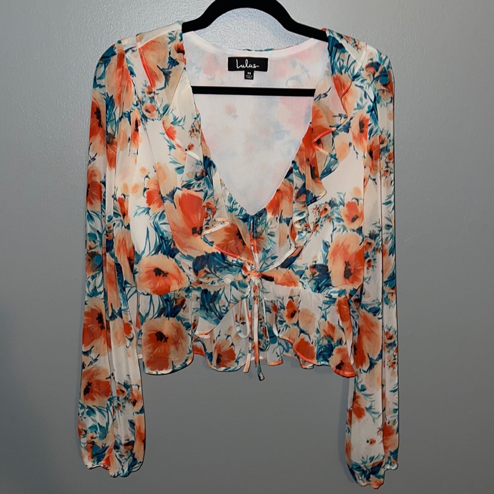 White Floral Print Ruched Ruffled Crop Top - Picture 2 of 4